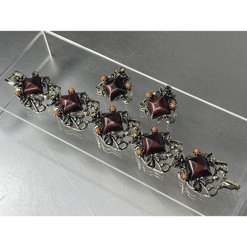 Vintage Chunky Clasp Bracelet Statement Jeweled Maroon & Matching Clip Earrings